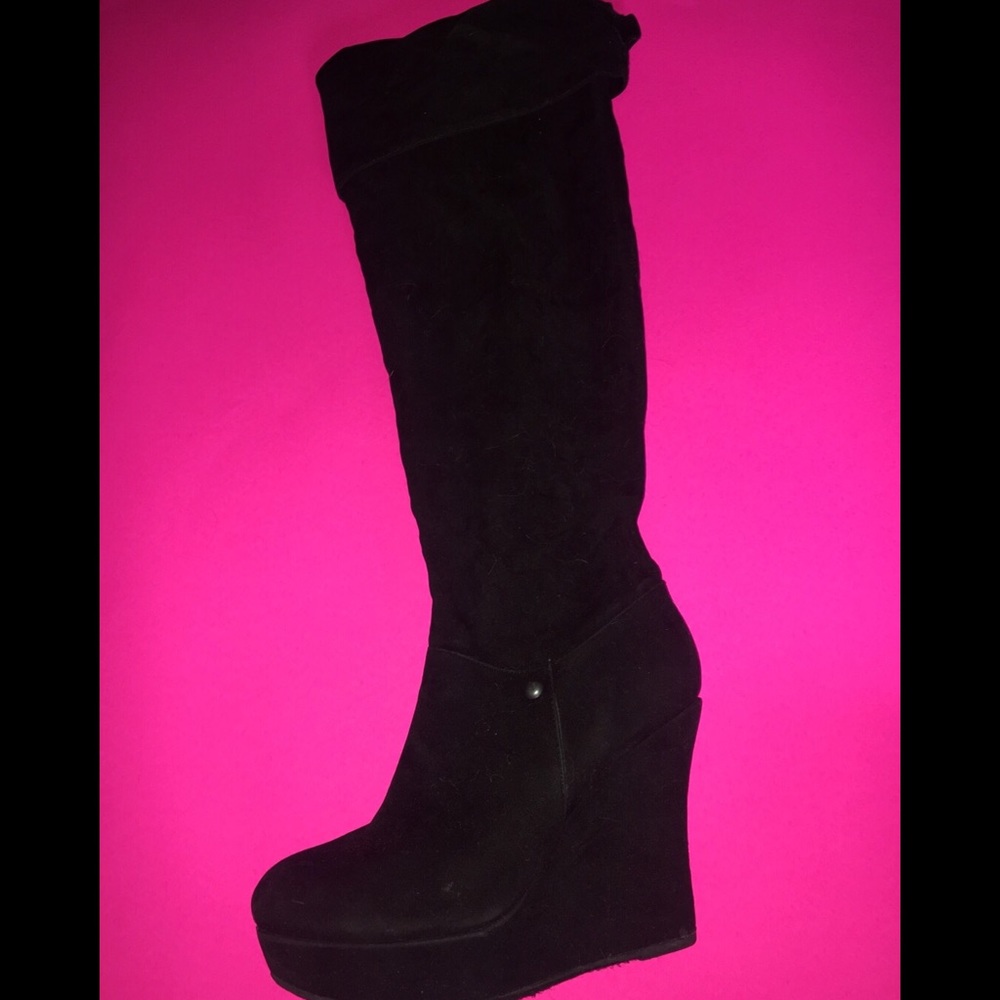 black velvet knee high wedge boots